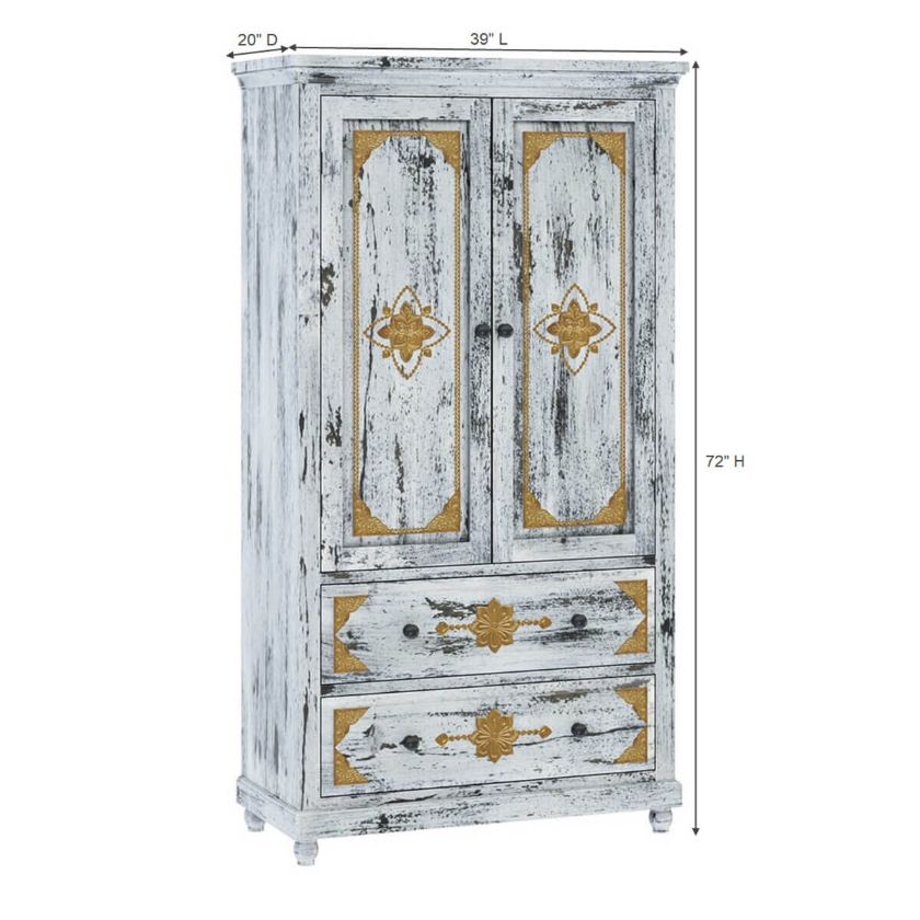 Tudor Brass Inlay Distressed Solid Mango Wood White Clothing Armoire