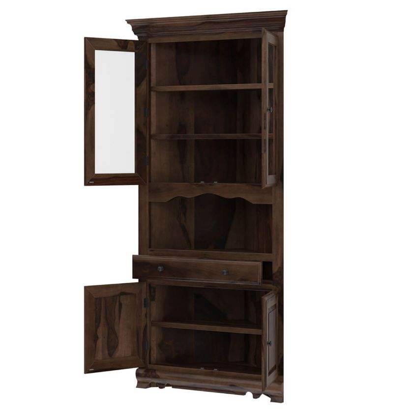 Tiverton Rustic Solid Wood Glass Door Dining Corner Hutch