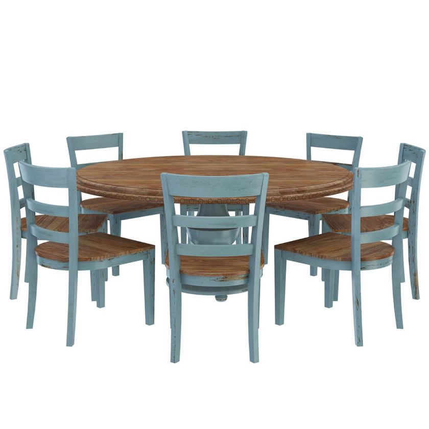 Conway Farmhouse Two Tone Solid Wood Round Dining Table Chair Set