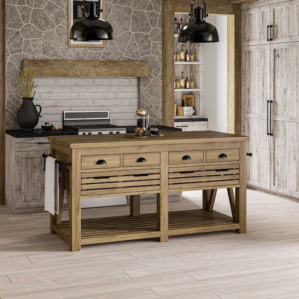 Calderdale Rustic Teak Wood Kitchen Island With Drawers