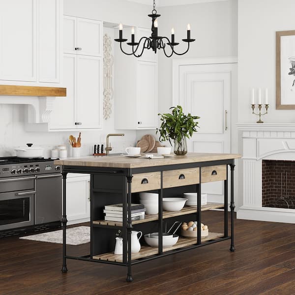 Meredith Rustic Solid Wood 3 Drawer Industrial Style Kitchen Island