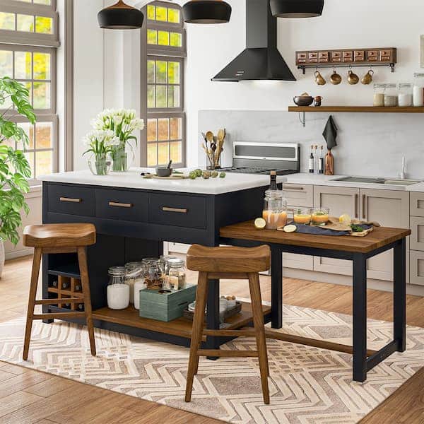 Seldovia Solid Wood Modern Kitchen Island With Stools Set