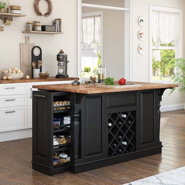 Lublin Solid Wood French Style Black Kitchen Island With Drop Leaf