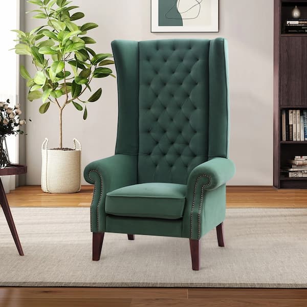 Green velvet wingback accent chair