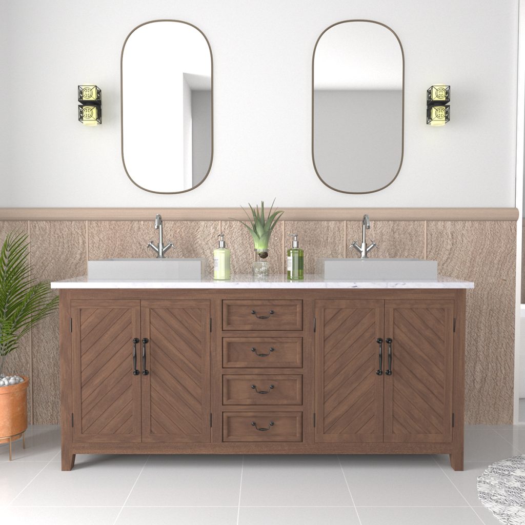 wooden bathroom vanity with marble top