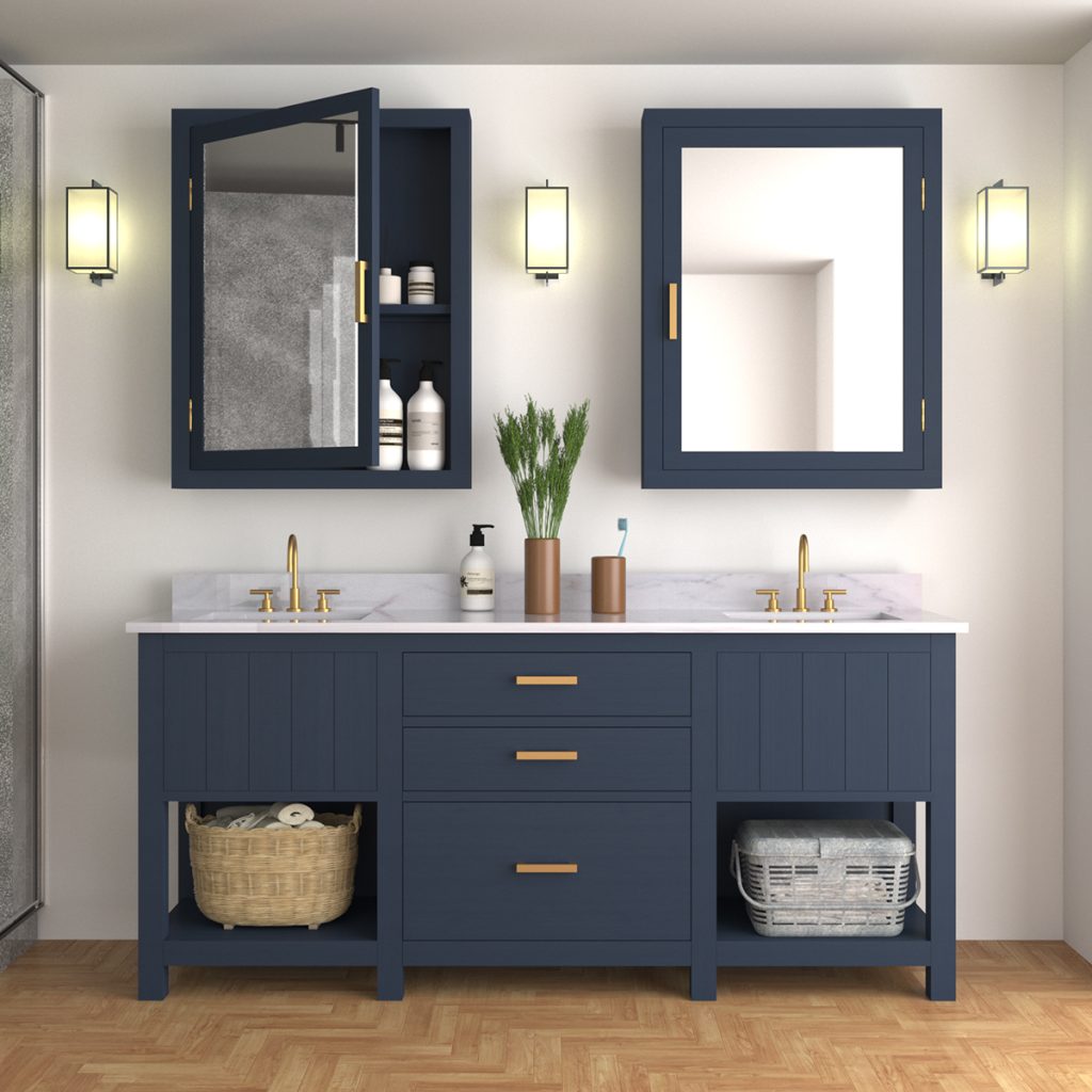 navy blue wooden bathroom vanity with marble top