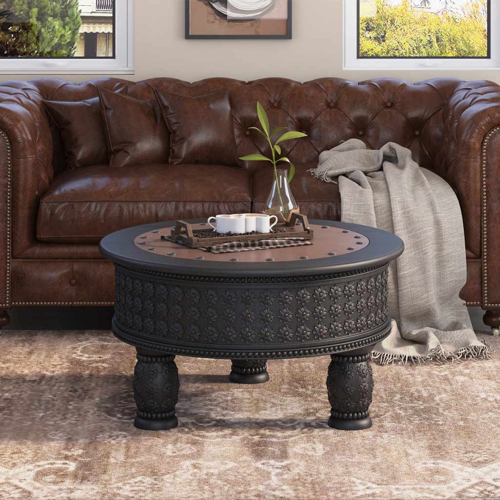 Nogales Antique Round Coffee Table with Leather Top