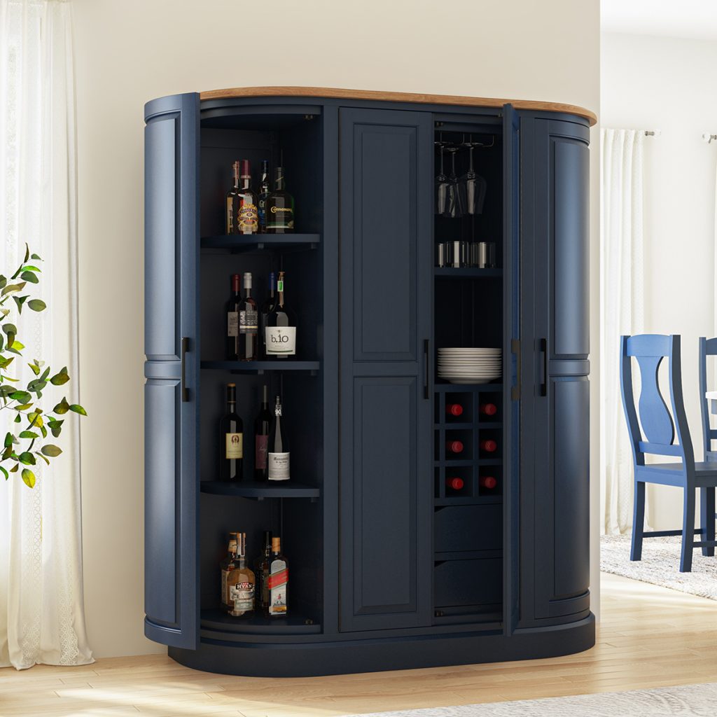 Peshtigo Two Tone Modern Blue Curved Tall Bar Cabinet