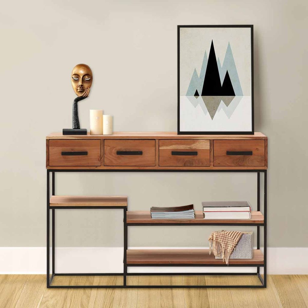 Platina Industrial Style Rustic 4 Drawer Console Table with Shelves