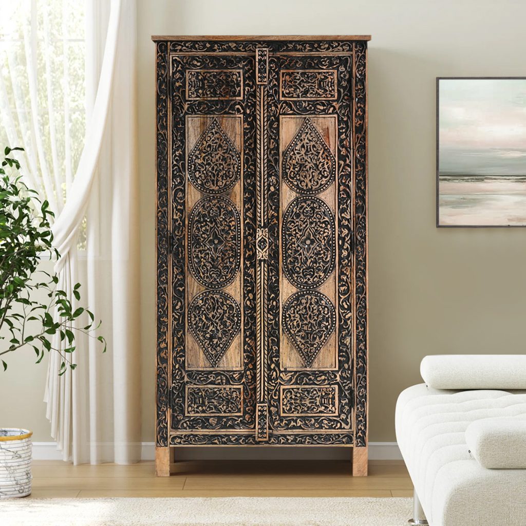 Siskiyou Traditional Style Rustic Black Ornate Carving Antique Armoire