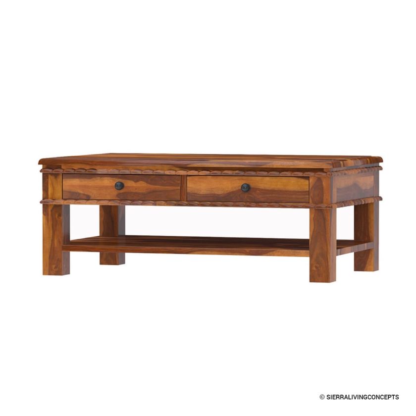 Everett Stylish Handcrafted Rustic Solid Wood 2-Tier Coffee Table.