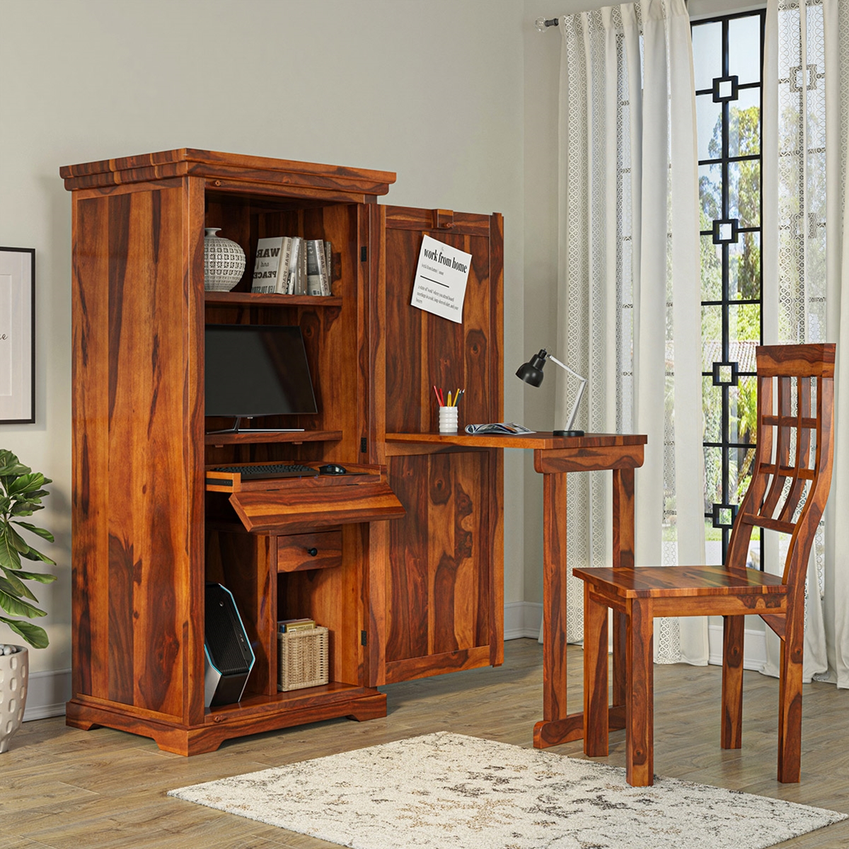 Armoire Hidden Home Office Desk with 3 drawers and filing cabinet. Dark  Wood