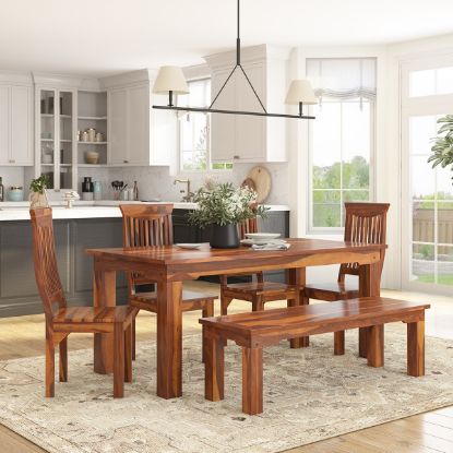 Picture of Idaho Rustic Solid Wood Casual Dining Table Chair Set w Bench