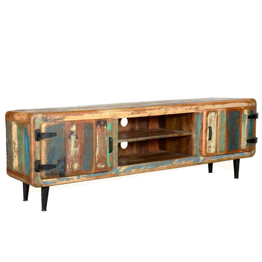 Medway Retro Reclaimed Wood Large TV Media Console w Center Shelves