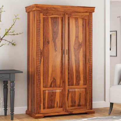 Morna Solid Teak Wood Clothing Armoire Wardrobe with Removal Shelves.