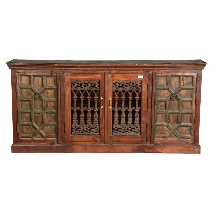Georgian Reclaimed Wood Iron Grill Door Extra Long Sideboard Cabinet.