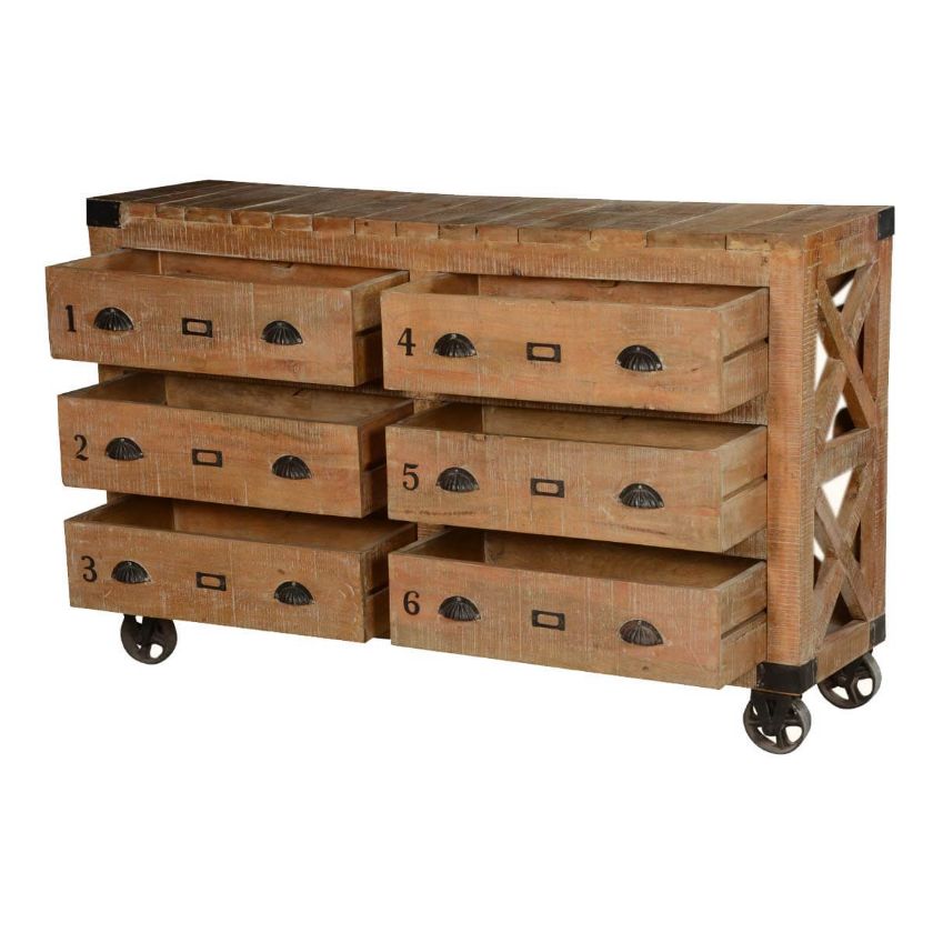 Solid Wood Factory Cart Style Rustic 6 Drawer Double Dresser.