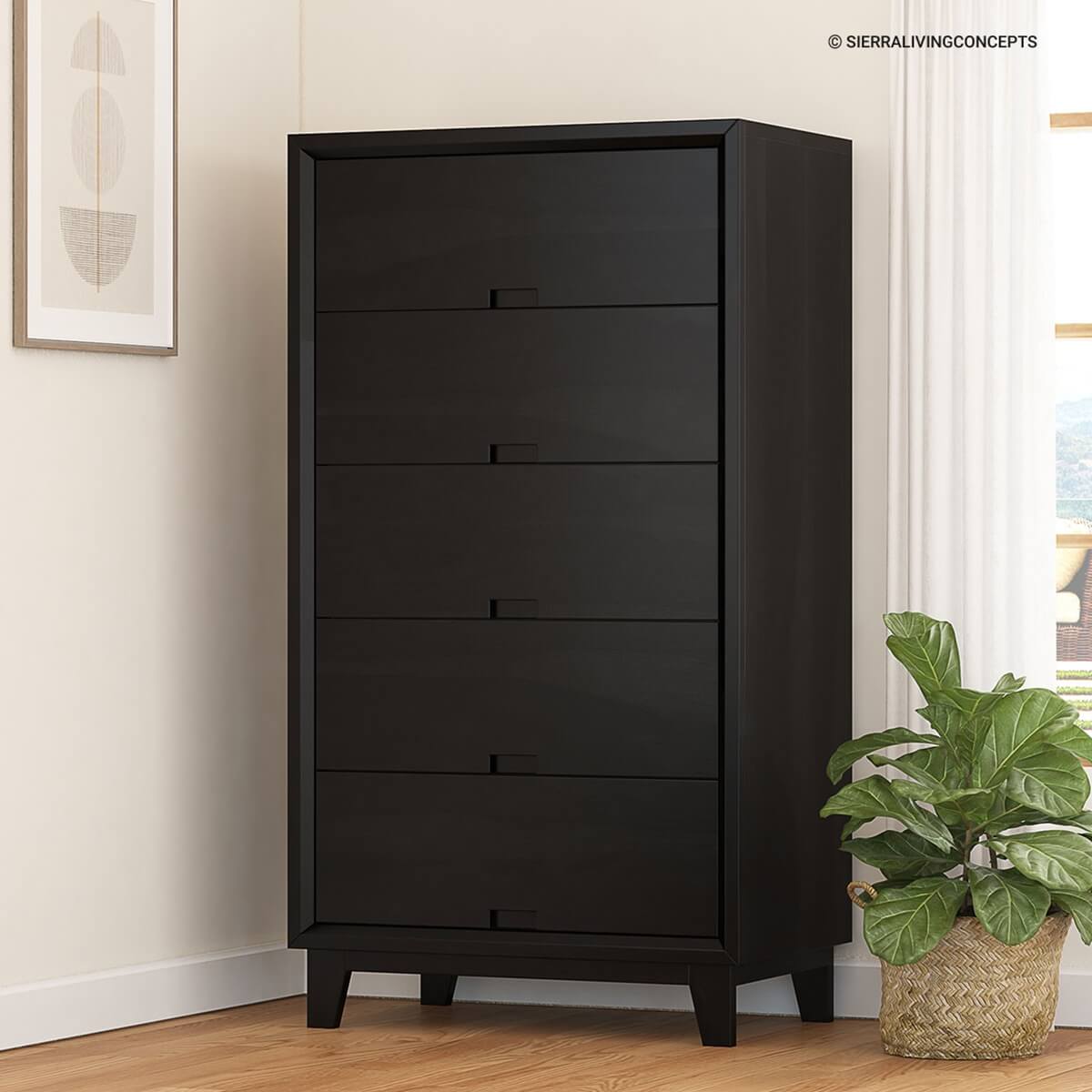 0394336 Modern Simplicity Solid Wood Black Tall Dresser With 5 Drawers 