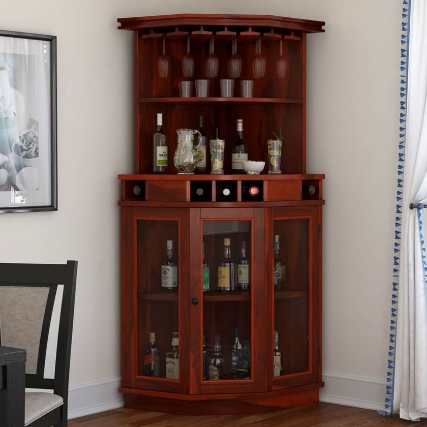Picture of Solid Wood Corner Liquor Display Cabinet With Wine Storage