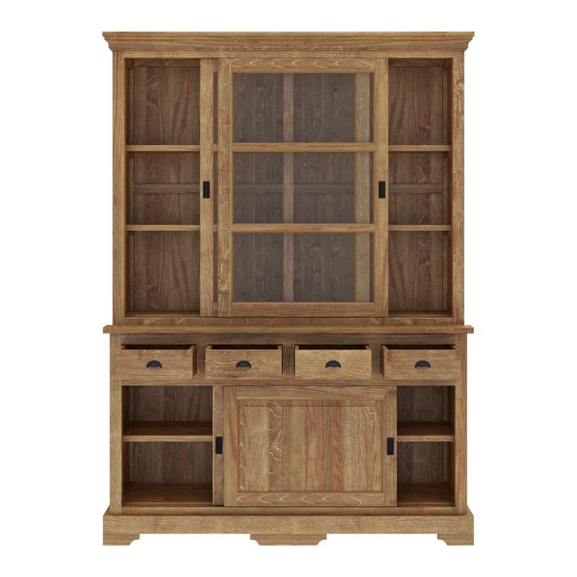 Brussels Rustic Teak Wood Sliding Glass Door Dining Hutch