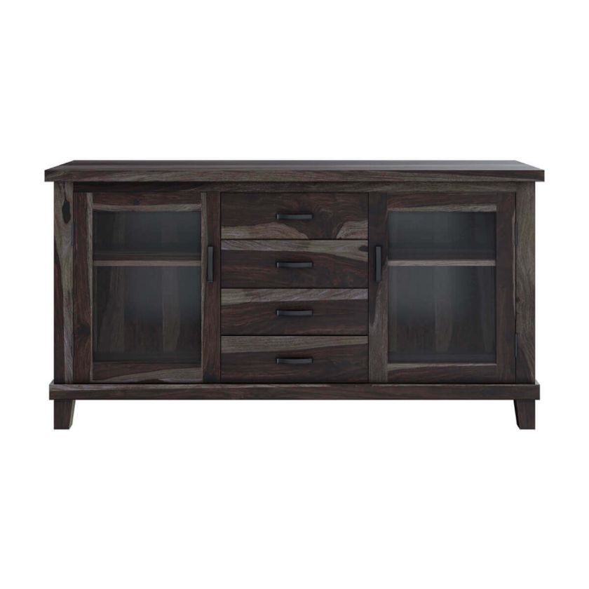 Antwerp Rustic Solid Wood Glass Door 4 Drawer Large Sideboard Cabinet