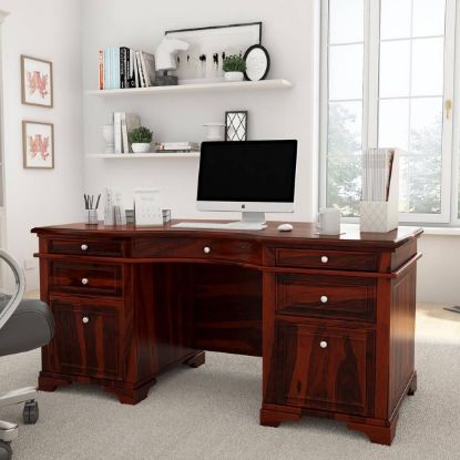 Eden Two-Tone 77 Inch Blue Solid Wood Home Office Executive Desk.