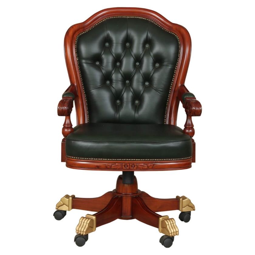 Sevan Mahogany Wood Leather Tufted Rolling Executive Office Chair.