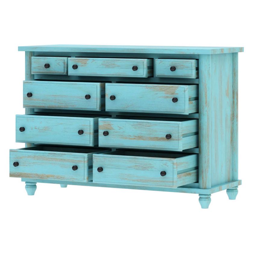 Victorian Mango Wood Vintage Turquoise Bedroom Dresser With 9 Drawers