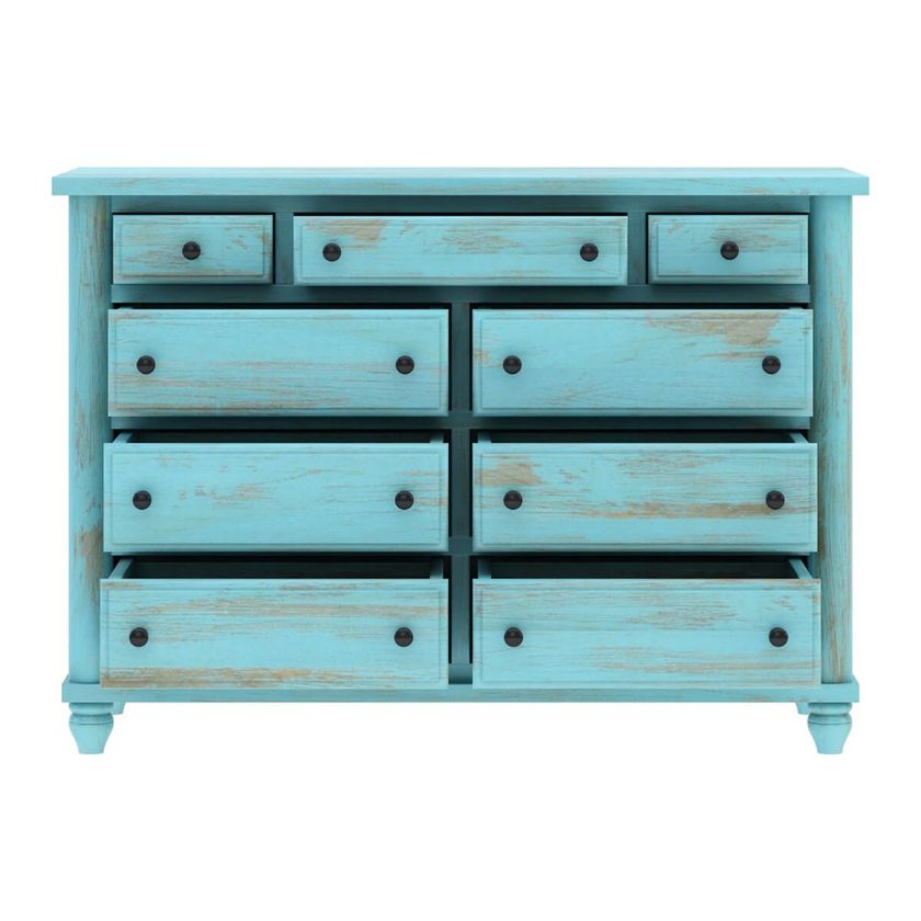 Victorian Mango Wood Vintage Turquoise Bedroom Dresser With 9 Drawers.