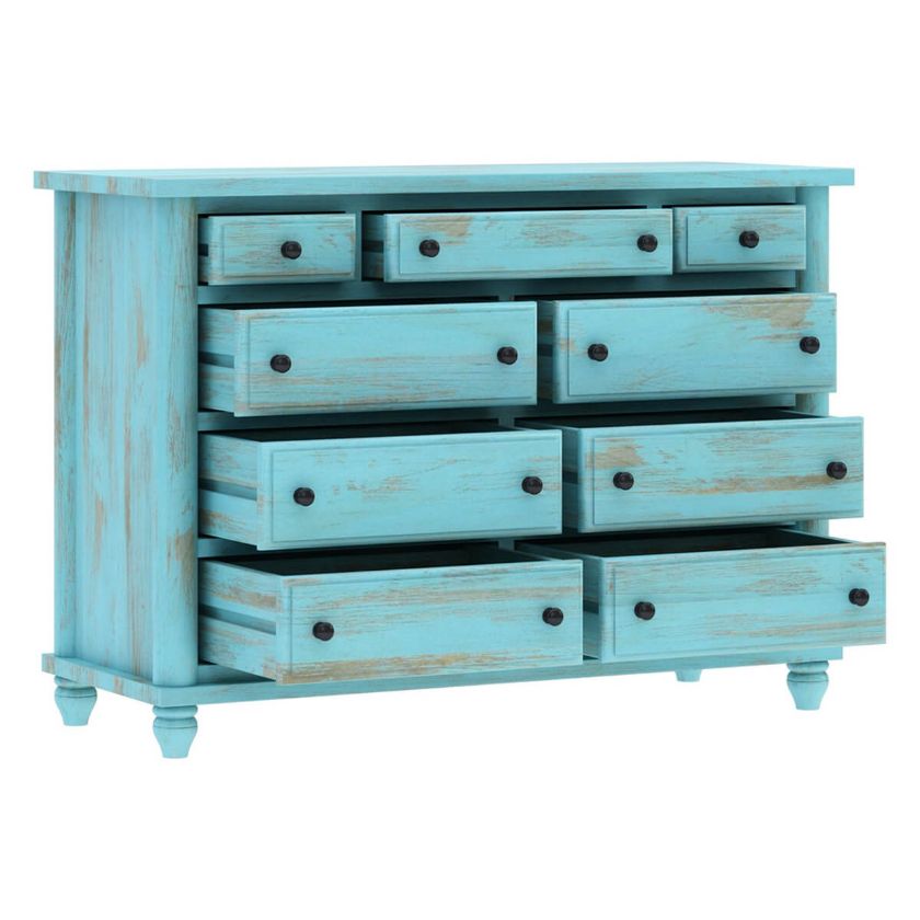 Victorian Mango Wood Vintage Turquoise Bedroom Dresser With 9 Drawers