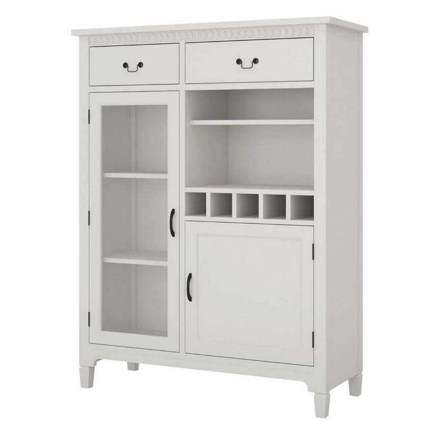 Anderra Solid Mahogany Wood White Tall Bar Cabinet with Drawers