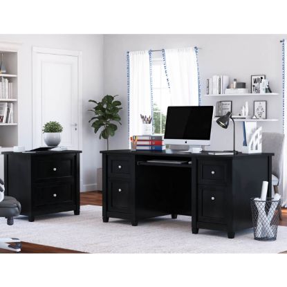 Solid Wood Computer Desk, Office Table with PC Droller, Storage Shelves and File Cabinet , Two Drawers, CPU Tray - Black