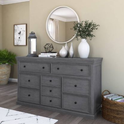 Picture of Kelowna Solid Mahogany Wood Gray Dresser with 9 Drawers