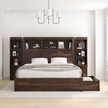 Picture of El Centro Solid Wood Storage Platform Bed with Bookcase Headboard