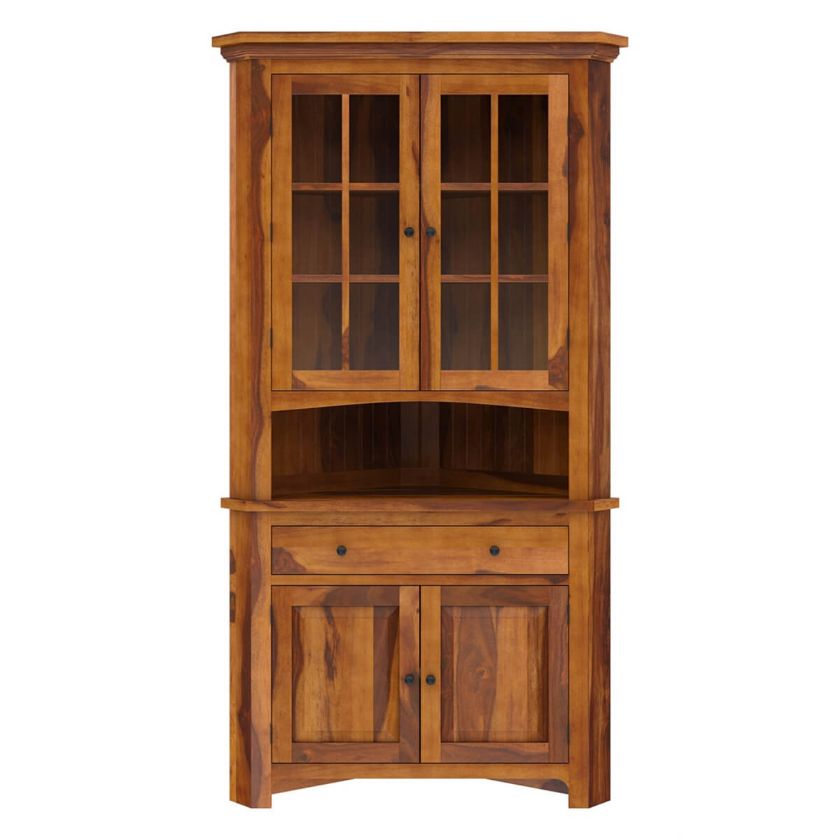 Denison Rustic Solid Wood Glass Door Corner Hutch