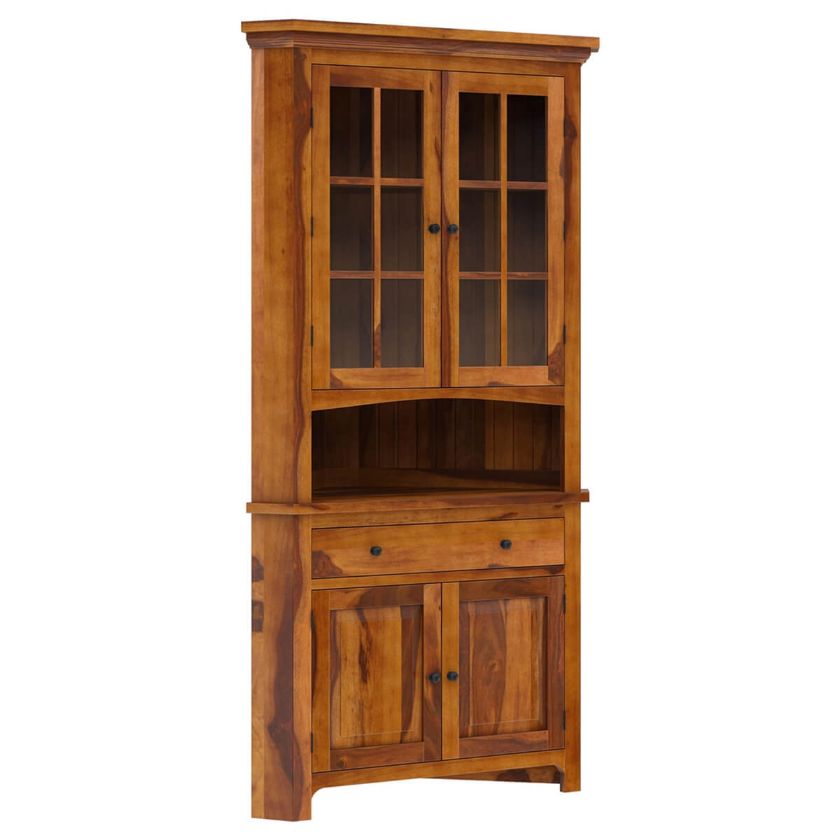 Denison Rustic Solid Wood Glass Door Corner Hutch