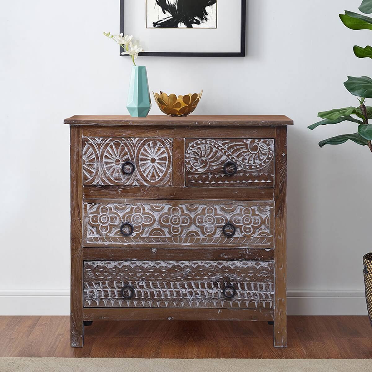 Olney Rustic Solid Reclaimed Wood 4 Drawers Moroccan Bedroom Dresser.