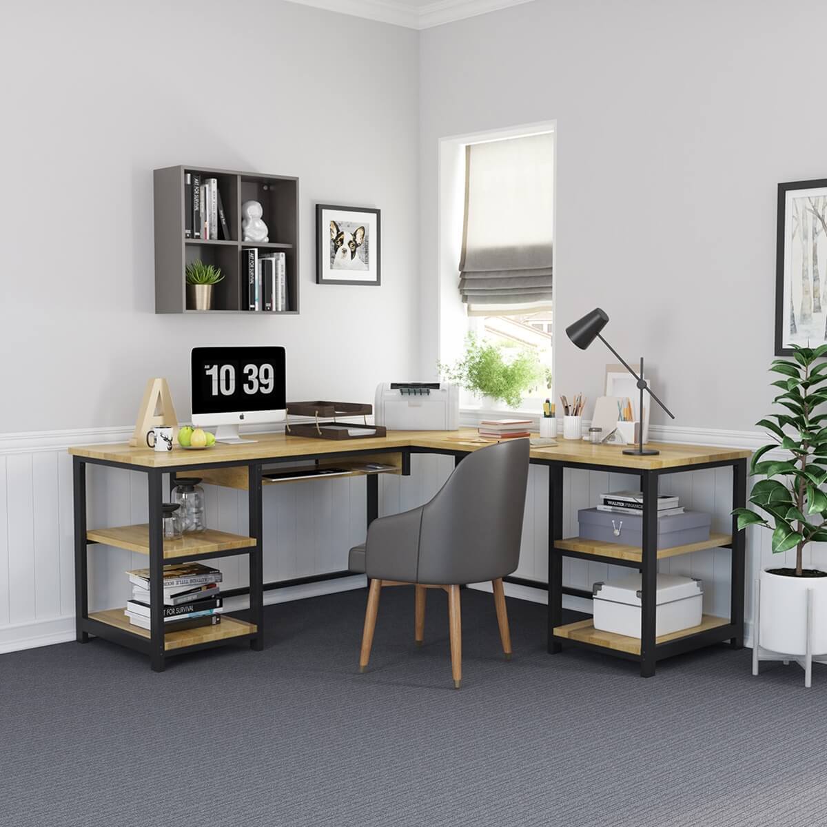 Ojai L-Shaped Solid Wood Executive Desk w Keyboard Tray & File Cabinet