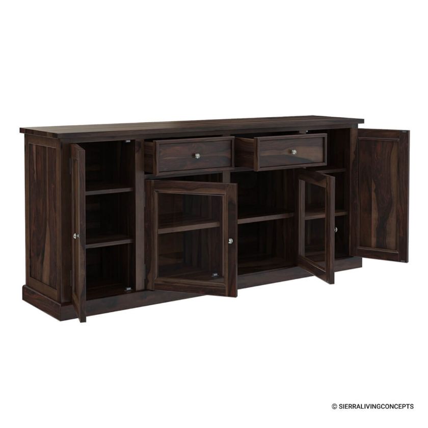 Clanton Rustic Solid Wood Glass Door 2 Drawer Long Buffet Cabinet.