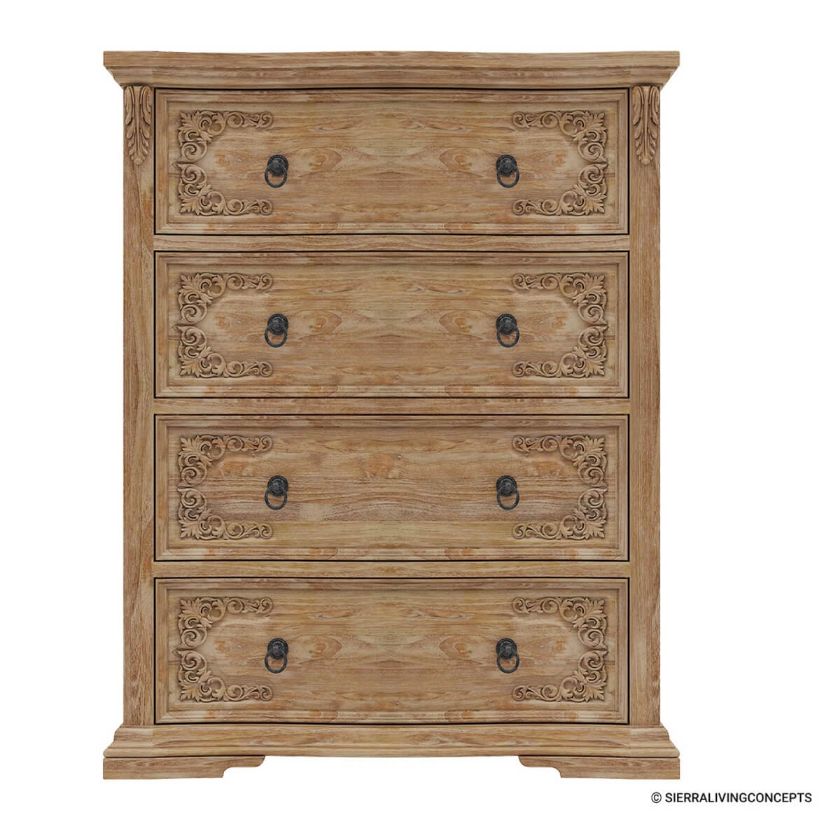 Preston Solid Teak Wood Traditional Rustic 4 Drawer Tall Dresser.