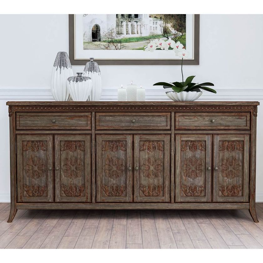 Wiltshire Rustic Teak Wood 3 Drawer Extra Long Sideboard Cabinet