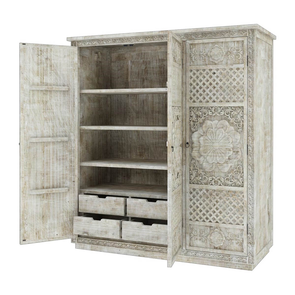 Nuala Hand Carved Solid Wood 64” Large White Wardrobe Armoire.