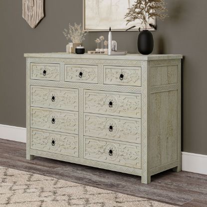 Picture of Burford Mahogany Wood 9 Drawer Distressed White Dresser