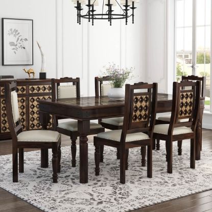 Picture of La Junta Brass Inlay Rustic Solid Wood Dining Table Set