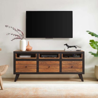 Picture of Rackerby Mid Century Modern Rustic 3 Open Shelf Media Console