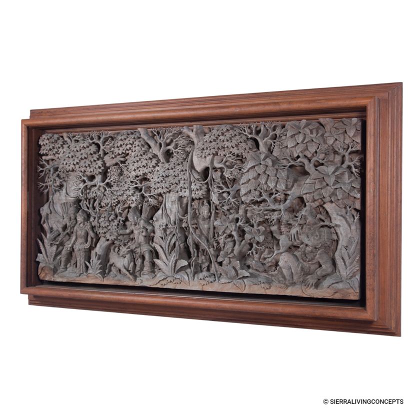 Keyes Relief Teak Wood Ramayana Tale Carving Wall Sculpture Art