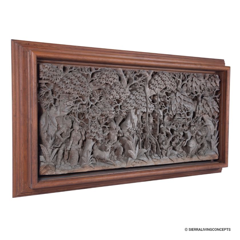 Keyes Relief Teak Wood Ramayana Tale Carving Wall Sculpture Art