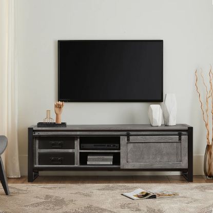 Picture of Hyampom Industrial Rustic 2 Drawer Gray Barn Door Media Console