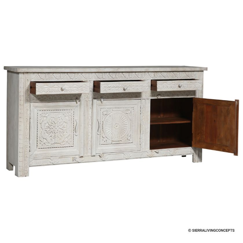 Cabb Hand Carved Distressed Hand Painted Sideboard with 3 Doors & Drawers