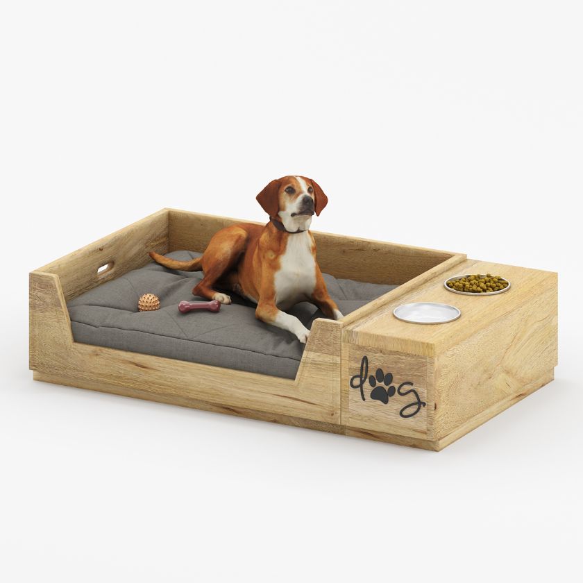 Picture of Seeley Farmhouse Wooden Dog Bed with Feeder